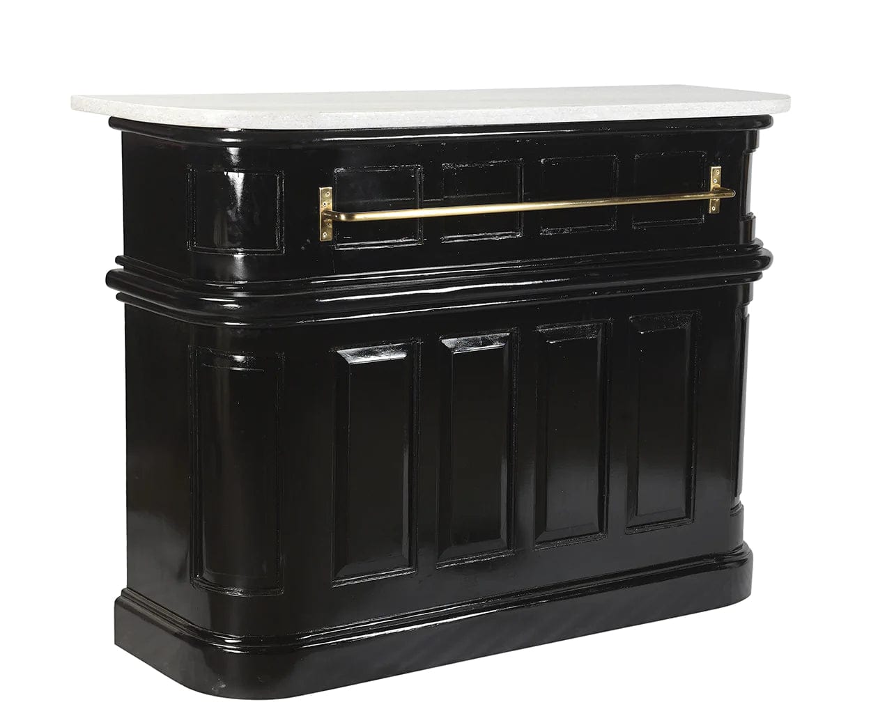 White marble top and brass handle shown on front of bar