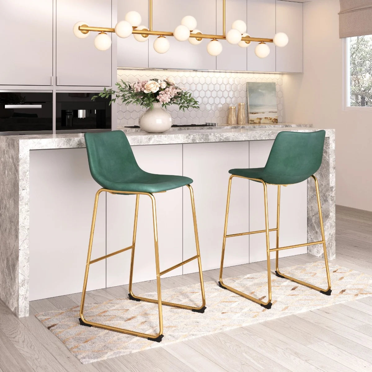 Augusta Barstool Green and Gold Set of 2