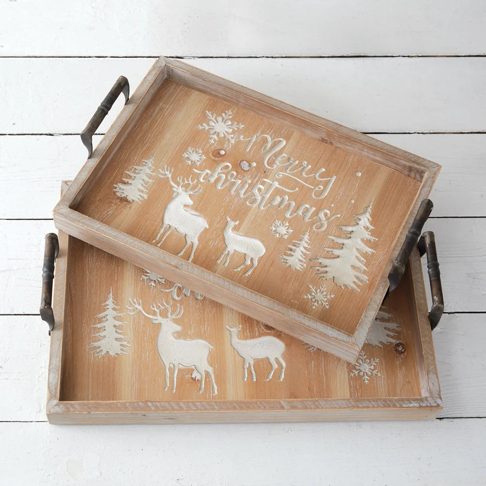 Set of Two Christmas Wooden Serving Trays