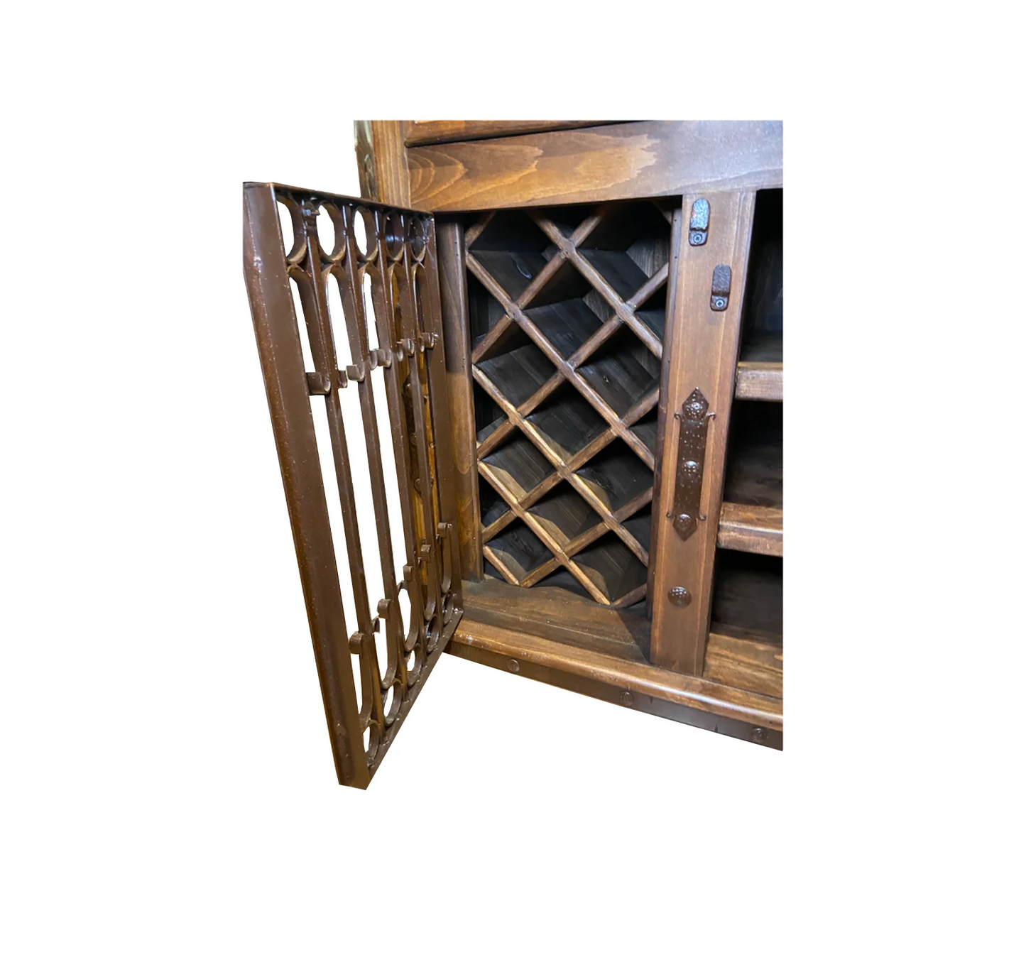 Solid wood wine rack on left