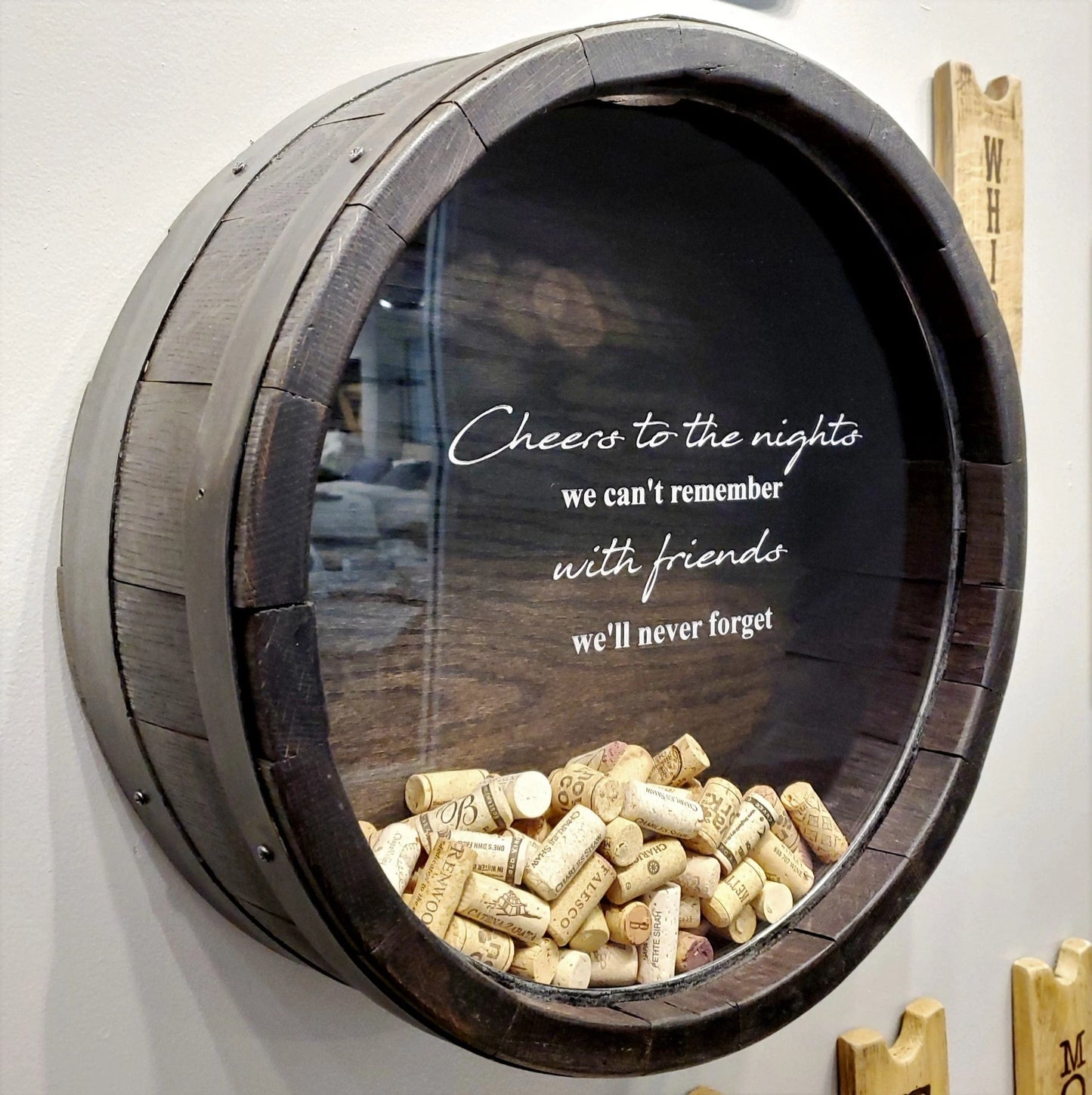 Front angled view of Ebony Finish Wine Barrel Cork Display