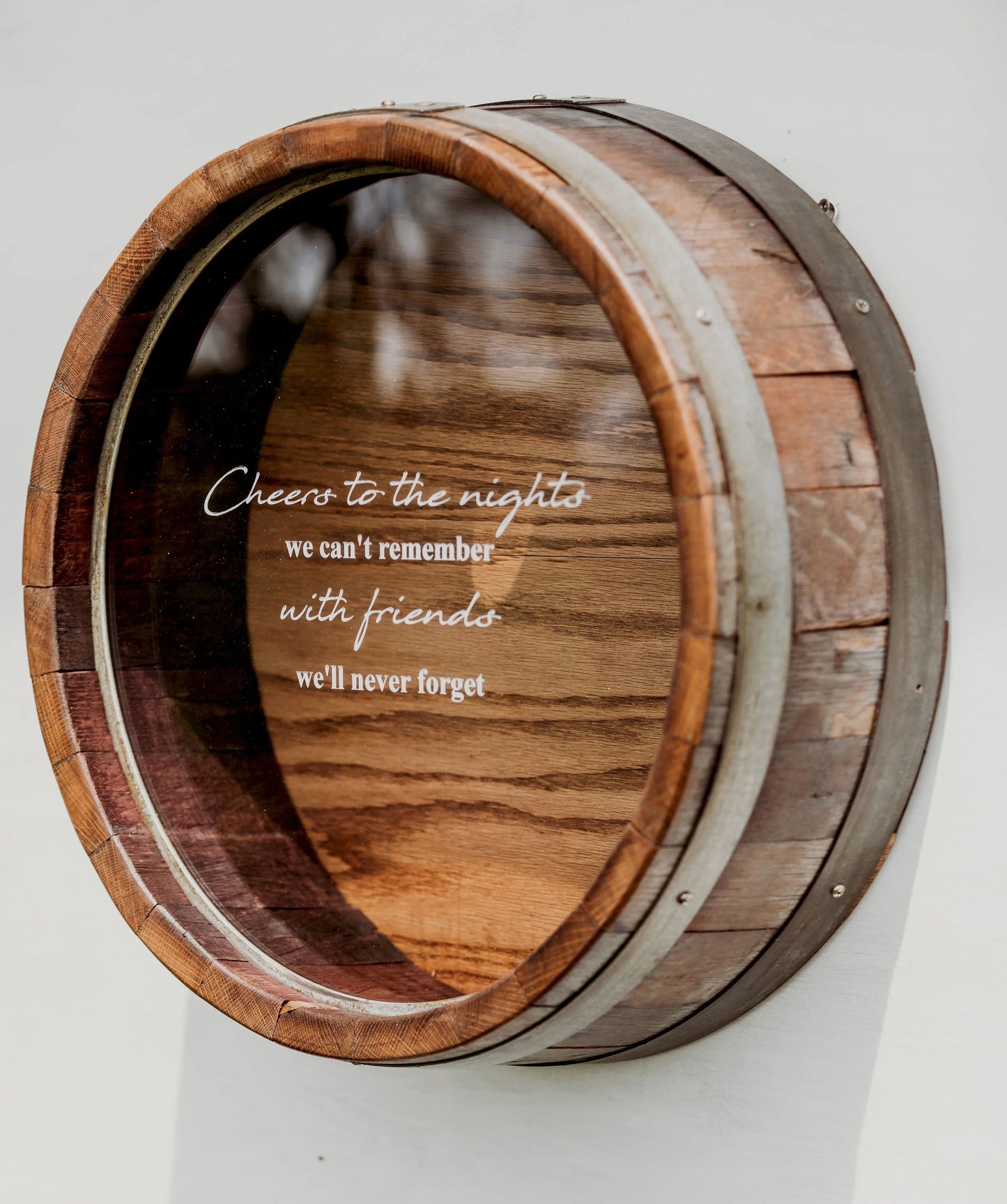 Side View of Walnut Finish Wine Barrel Cork Display