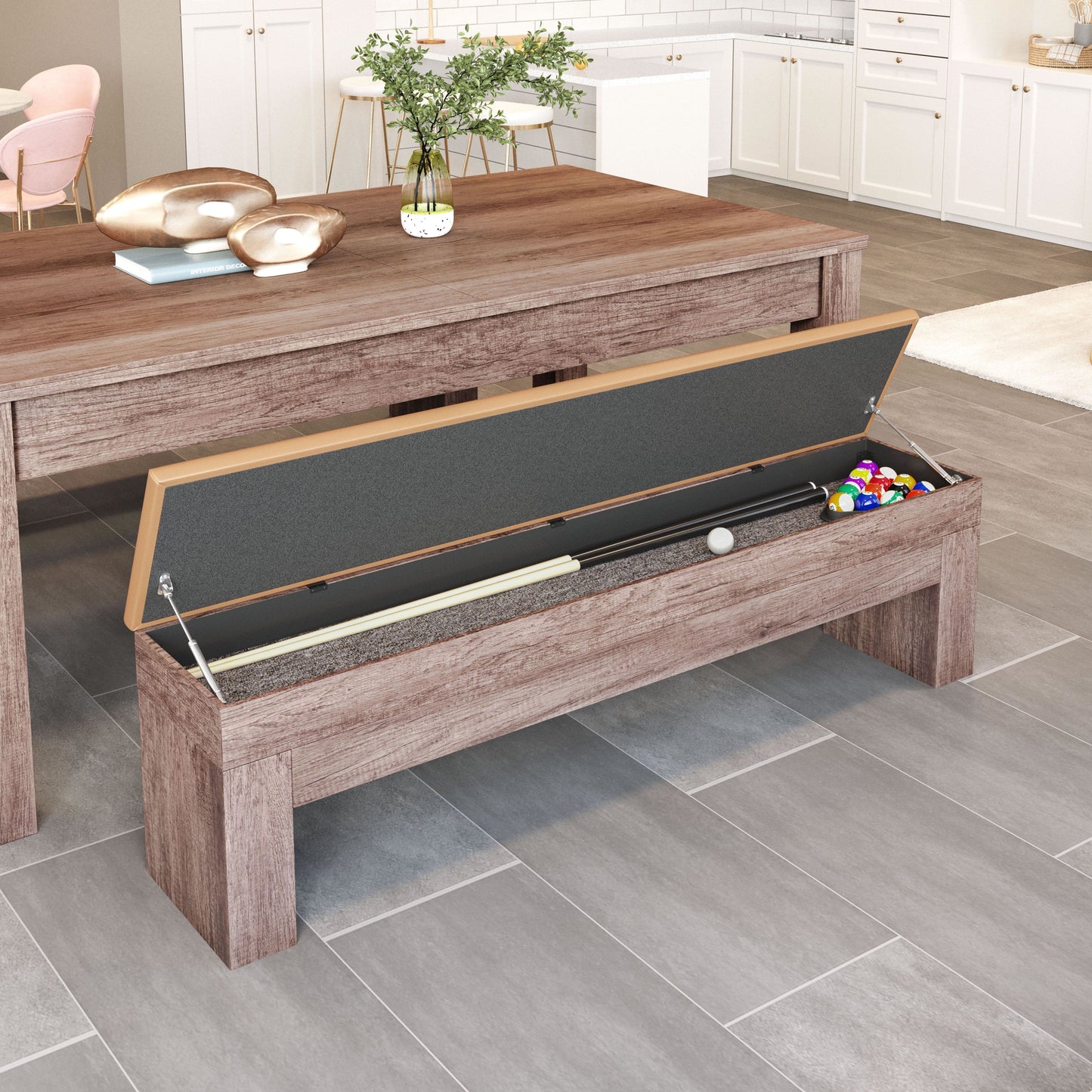 Storage Bench is just the right size for pool sticks and billiard balls 