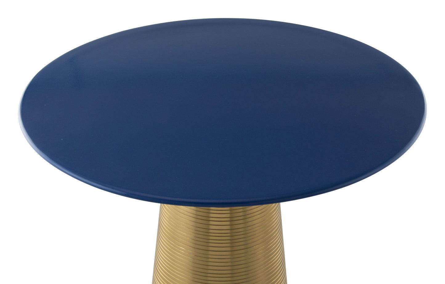 Angled view of blue topped accent table