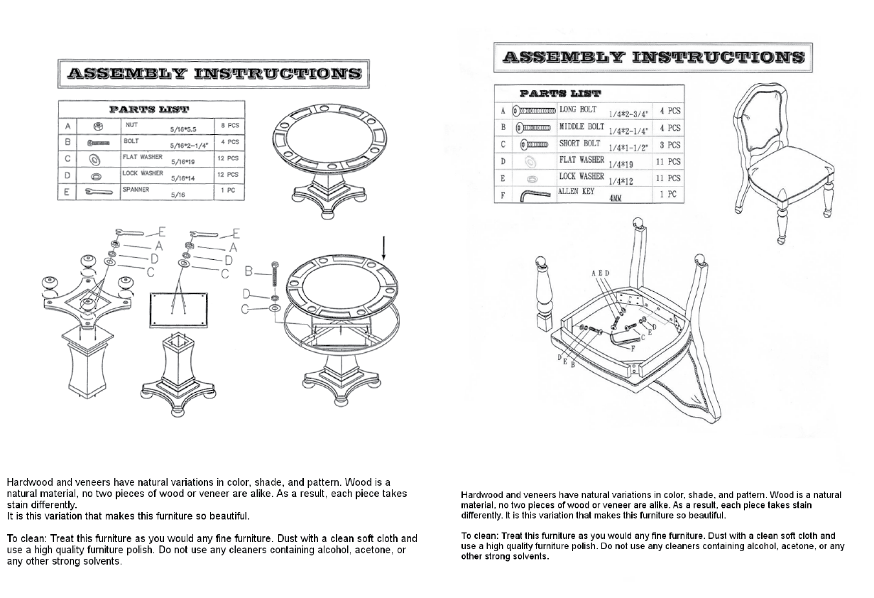 Assembly Instructions for table & chairs