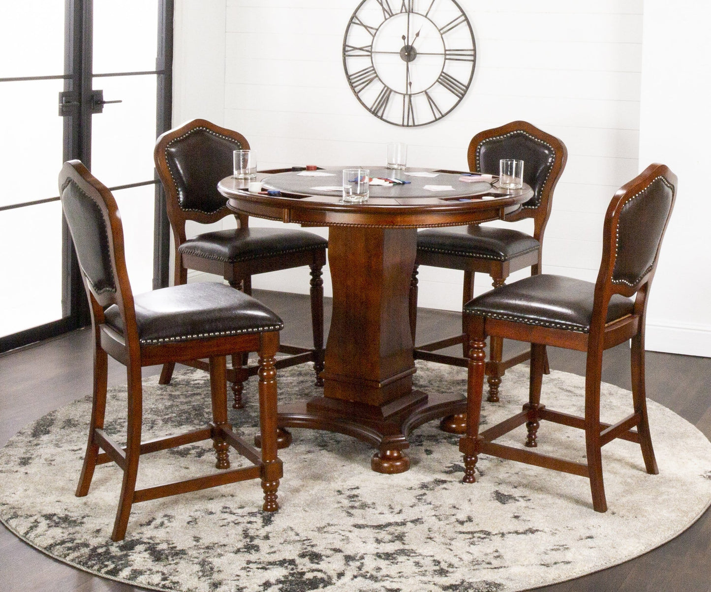 Counter Height chairs shown as part of a set of five with the 2 in 1 poker table. Set sold separately