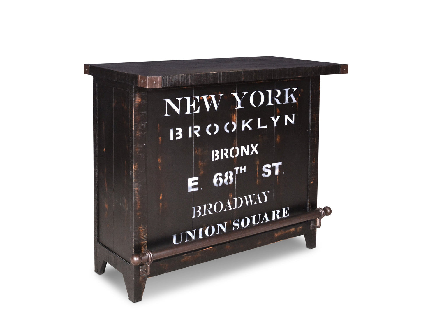 Modern retro bar with "New York, Brookleyn, Bronx, E 68th St, Broadway and Union Square" stenciled on the front.