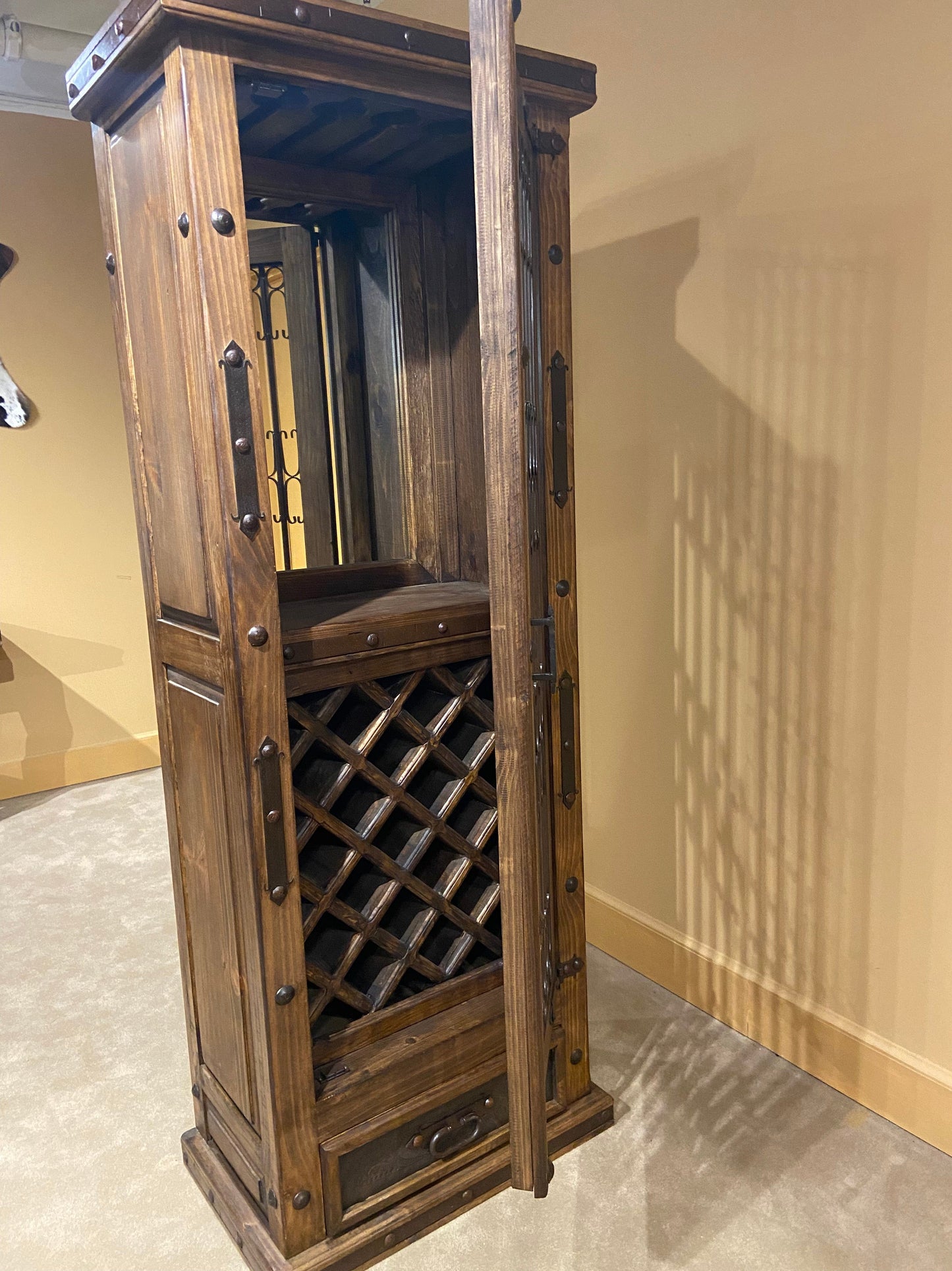 Front and left side view of Tall Rustic Wine Cabinet