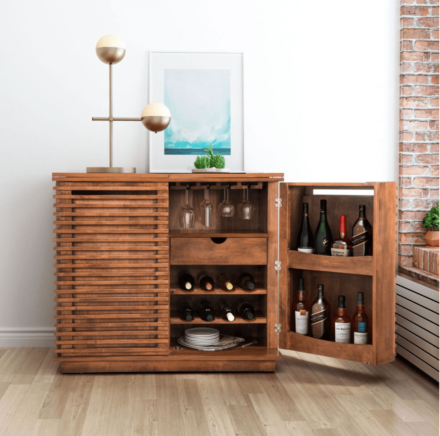 Modern Bar Cabinet showing hanging glassware rack and liquor storage