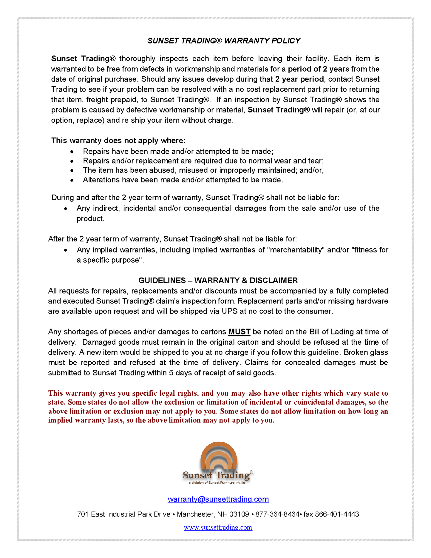 Sunset Trading Warranty Policy 