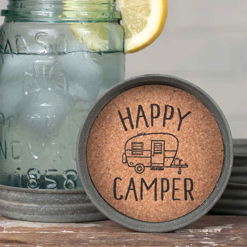 Mason Jar Lid Coaster - Happy Camper - Box of 4 