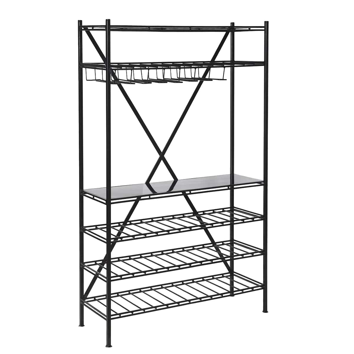 Angled View of Torino Bar Rack with Stemware Holder and one Marble Shelf
