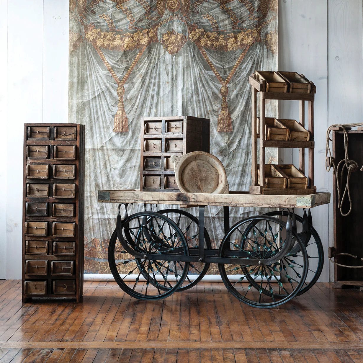 Wooden Trolley Cart & Brick Mold Cabinet